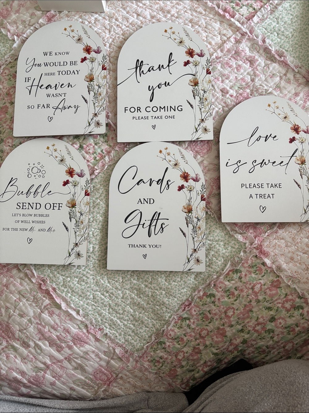 Set of 5 Floral Wedding Sign Boards - White with Burgundy & Gold Accents